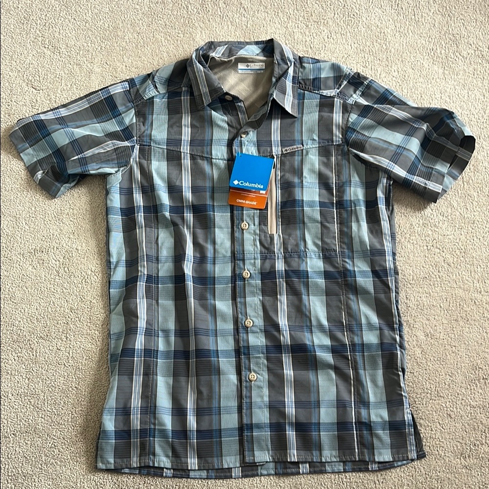 NWT Columbia Men’s Blue and Grey Plaid Omni-Shade Shirt With 50 UPF Size XS